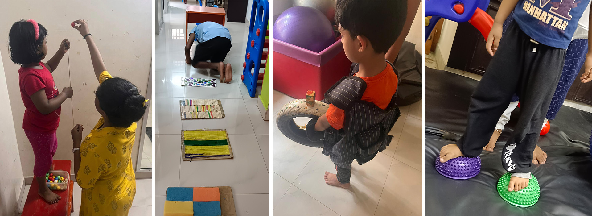 Assorted pictures of children joyfully participating in occupational therapy activities with the guidance of therapists.