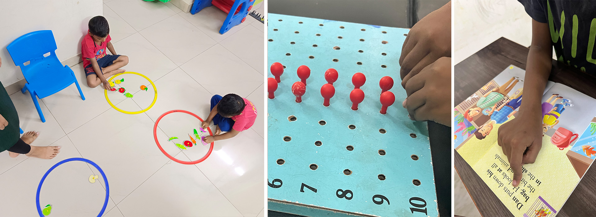 Engaged in therapeutic activities, children with special abilities explore various games ,while also making efforts in reading.